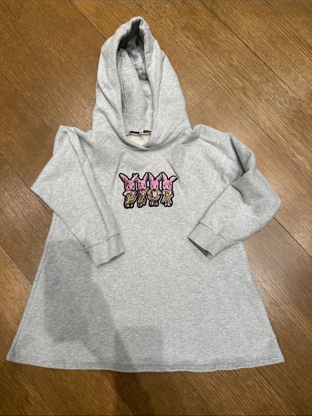 Dior Girls' Gray Hoodie Dress with Pink Bunny Patch